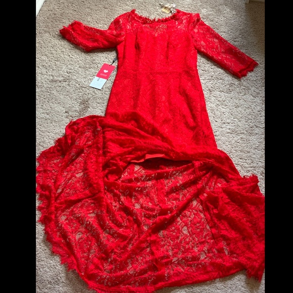 NWT - Red Lace Long Dress with mid-length sleeves - Picture 7 of 8